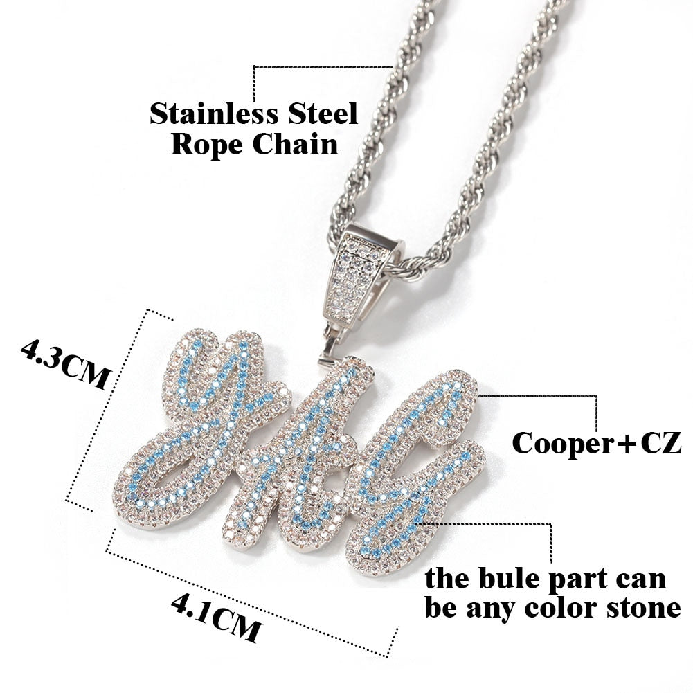 Name Necklace Double Layer Brush Blue Custom Letters Pendant Iced Out