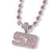 Load image into Gallery viewer, Pink Baguette Letters Custom Name Necklace Pendant With Heart Tennis Chain or baguette
