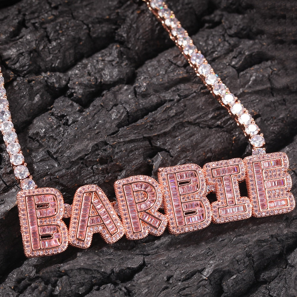 Name Necklace Baguette Letters With Tennis Chain Full Iced Out Zircon