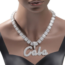 Load image into Gallery viewer, Custom Two Tone Pendant Name Necklace Cursive Letters Iced Out Cubic Zirconia Baguette Chain Necklaces
