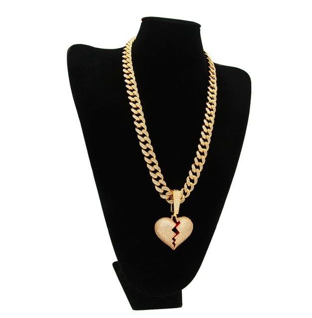 Broken Heart Pendant Necklace With 13mm Cubic Zirconia Cuban Link Chain Fashion Luxury Iced Out Jewelry